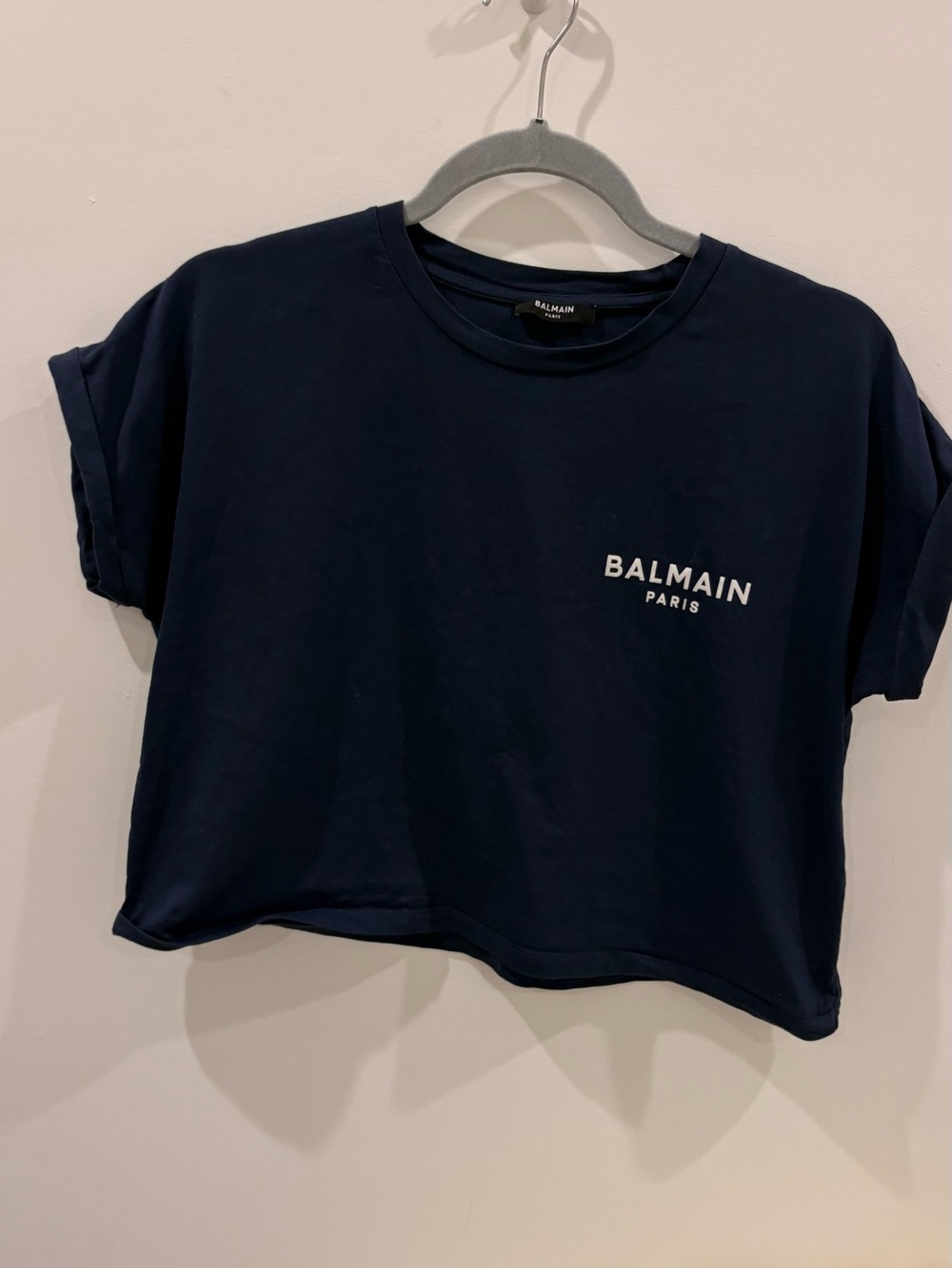 Balmain Navy Cropped Logo Tee